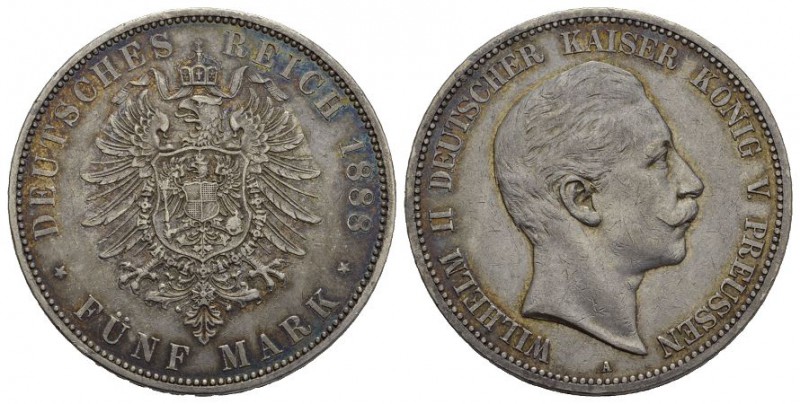 PREUSSEN, Wilhelm II., 1888-1918, 5 Mark 1888 A, J.101, Silber 27.77g KM 513 seh...