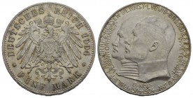 HESSEN, GROSSHERZOGTUM 5 Mark. Ernst Ludwig, 1892-1918 1904, 400. Geburtstag Philipps des 
Großmütigen. J. 75. Vorzüglich