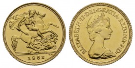 England Elizabeth II. seit 1953. 1/2 Sovereign 1982. Spink 4205, Fr. 421. 3,66 g sehr selten
Feingold Polierte Platte