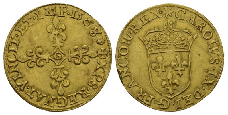 Frankreich Charles IX, 1560-1574. Ecu d'or au soleil 1568 A, Paris. Mit CAROLVS ...