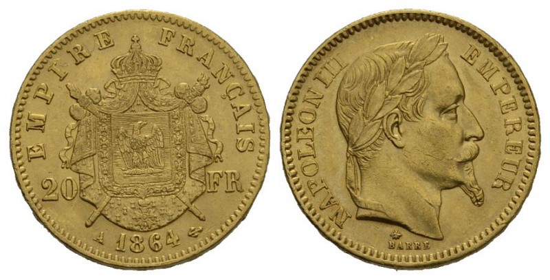 Frankreich - Napoleon III., 1852-1870: 20 Francs 1864 A, Paris. 6,43g. KM 801.1,...