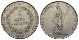 Italien / Lombardei Provisorische Regierung 1848. 5 Lire 1848 M, Mailand. Geprägt während des 
Aufstandes in Mailand. Dav. 206, J. 277, Pagani 213. Hü...