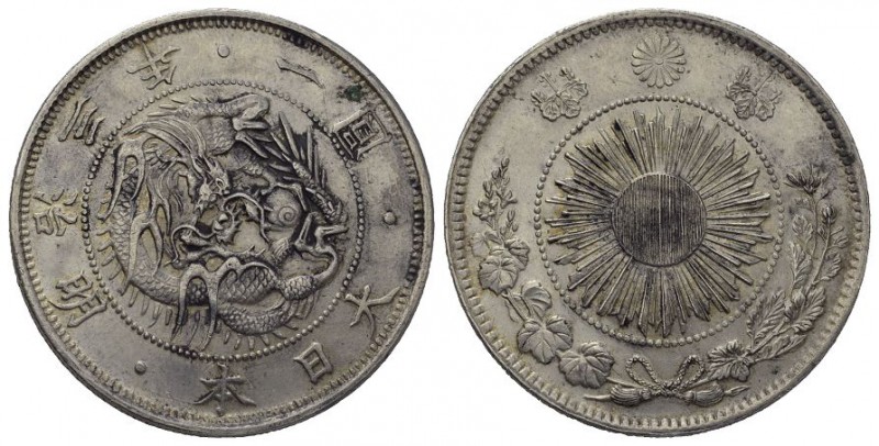 Japan AR Yen 1870, type II Meiji Emperor (1867-1912). AR Yen year 3 (1870) (38 m...