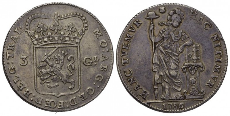 Niederlande Utrecht, Provinz 3 Gulden 1786. Wappen / Hollandia steht neben Säule...