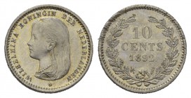 Niederlanden 1892 10 Cents in Silber sehr selten in dieser Qualität 1.4gPrachtvolle Erhaltung KM 116 Prooflike FDC