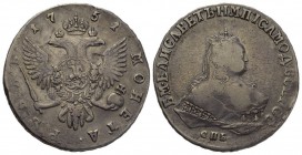 Russland / Russia Kaiserreich Elisabeth, 1741-1762 Rubel 1751, Moskau, Roter Münzhof. Büste rechts / Doppeladler. Bitkin 123 Dav. 1678 25.34 g., Sehr ...