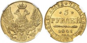 Russland / Russia Nikolaus I., 1825 - 1855. 5 Rubel 1841 SPB-ATsch. Mzst. St. Petersburg. Bitkin 18.
Gold! NGC MS 61 unzirkuliert