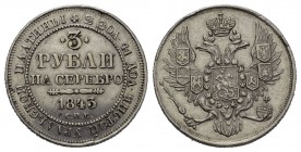 Russland / Russia Nikolaus I. 1825-1855. 3 Rubel 1843, SPB-St. Petersburg. 10,25 g. Bitkin 89 ( R ), Schlumberger 108, Friedberg 160. PLATIN. vorzügli...