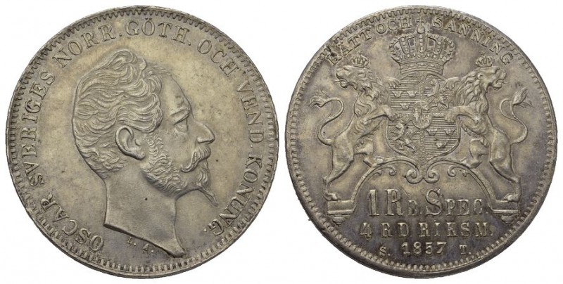 Schweden Oskar I., 1844-1859. Riksdaler 1857, Stockholm. Ahlström 57 a, Dav. 355...