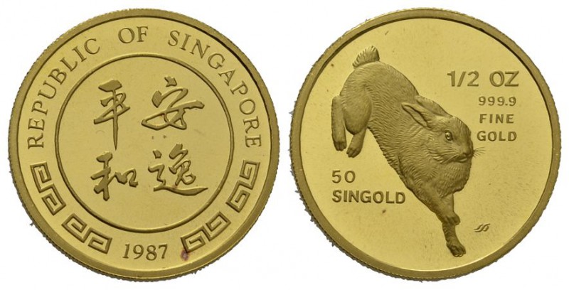 Singapur 1987 50 Singolad 1/2 Unze 15.5g Feingold, seltene Ausgabe, Prooflike un...