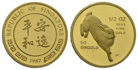 Singapur 1987 50 Singolad 1/2 Unze 15.5g Feingold, seltene Ausgabe, Prooflike unz ab Proof