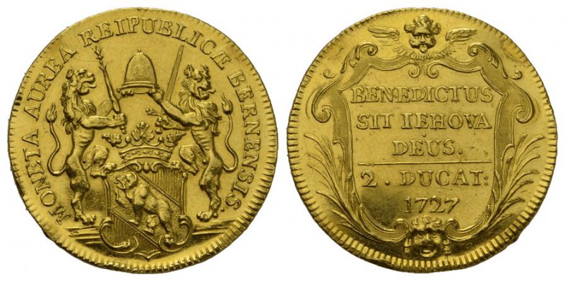 Schweiz / Switzerland Bern Doppeldukat 1727.Av. Gekröntes Berner Wappen zwischen...