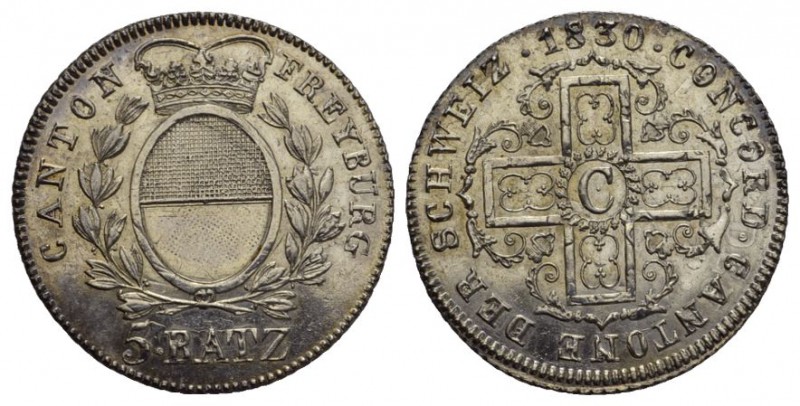 Schweiz / SwitzerlandFribourg Stadt und Kanton. 5 Batzen 1830. 4.12 g. D.T. 109....