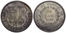 Schweiz / Switzerland / Suisse / Swizzera Genf, Kanton . AR 10 Franken 1851 (48 mm, 51.64 g), geprägt anlässlich des Schützenfestes. HMZ 2-1342.
Selte...