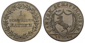 Schweiz / Switzerland / Suisse / Swizzera Schaffhausen Batzen 1808. 2.34 g. D.T. 151a. HMZ 2-775a. Fast FDC / About uncirculated