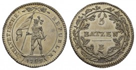 Schweiz / Switzerland / Suisse / Swizzera Helvetische Rep.5 Batzen 1799 B. 4.68 g. D.T. 8a. HMZ 2-1188a. Hübsche Patina / Attractive patina. FDC / Unc...