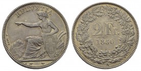 Schweiz / Switzerland / Suisse / Swizzera Eidgenossenschaft. 2 Franken 1850 A, Paris. 10.00 g. Divo 2. HMZ 1201a. vorzüglich bis unzirkuliert