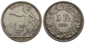 Schweiz / Switzerland / Suisse / Swizzera 5 Franken 1851 A, Paris. D./T. 295, HMZ 2-1197b, Dav. 376. 25.03 g. Fast unzirkuliert