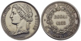 Schweiz / Switzerland / Suisse / Swizzera 5 Franken 1855. Probe Geprägt in Silber. Bekränzter Kopf nach links. Im Abschnitt die Graveursignatur. Rv. K...