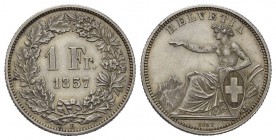 Schweiz / Switzerland / Suisse / Swizzera Eidgenossenschaft 1 Franken 1857 B, Bern. 4.99 g. Divo 24. HMZ 2-1203c. Äusserst selten. Nur 526 Exemplare g...