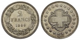 Schweiz / Switzerland / Suisse / Swizzera eidgenossenschaft 2 Francs 1860 Probe (ohne Münzzeichen), Bern. Stempel von Antoine Bovy. Schweizerkreuz in ...