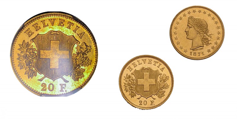 Schweiz / Switzerland / Suisse / Swizzera 20 Franken 1871, Durussel. Prägung in ...