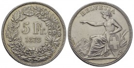Schweiz / Switzerland / Suisse / Swizzera 5 Franken 1873 B, Bern. 24.93 g. Divo 43. HMZ 2-1197c. Seltener Jahrgang / Rare date. Vorzüglich-FDC / Extre...