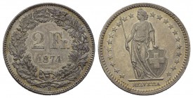 Schweiz / Switzerland / Suisse / Swizzera 2 Franken 1874 B, Bern. Divo 48, HMZ 2-1202a.Attraktives, fast unzirkuliertes Exemplar