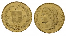 Schweiz / Switzerland / Suisse / Swizzera Eidgenossenschaft / Confederation 20 Franken 1888. Helvetiakopf mit Diadem nach links. Rv. Schweizer Wappens...