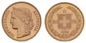 Schweiz / Switzerland / Suisse / Swizzera Eidgenossenschaft / Confederation MS 62 FDC Prachtexemplar 
20 Franken 1888. Helvetiakopf mit Diadem nach l...