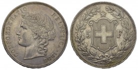 Schweiz / Switzerland / Suisse / Swizzera 5 Franken 1888 B, Bern. Frauenkopf mit Alpenrosendiadem nach links // Schweizer Wappenschild zwischen Wertan...