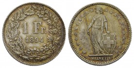 Schweiz / Switzerland / Suisse / Swizzera 1 Franken 1894 A, Paris. HMZ 2-1204g, K./M. 24 Erhaltung fast FDC