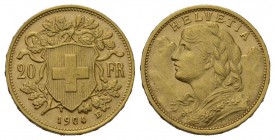 Schweiz / Switzerland / Suisse / Swizzera 20 Franken 1904 B, Bern. Divo 211, HMZ 2-1195i, Schl. 30, Fr. 499. 6.46 g.
Gold. Seltenerer Jahrgang. bis un...