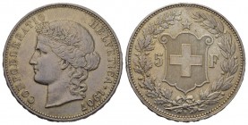 Schweiz / Switzerland / Suisse / Swizzera 5 Franken 1907 B, Bern. Divo 236, HMZ 2-1198k, Dav. 392. 24.96 g.Vorzüglich bis unzirkuliert