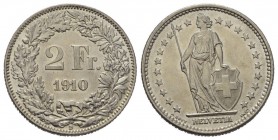 Schweiz / Switzerland / Suisse / Swizzera Eidgenossenschaft 2 Franken 1910. 9.95 g. Divo 470. HMZ 2-1202ff. Erstabschlag. FDC