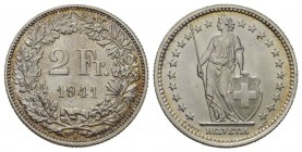 Schweiz / Switzerland / Suisse / Swizzera Eidgenossenschaft 2 Franken 1941. 9.95 g. Divo 470. HMZ 2-1202ff. Erstabschlag. FDC.
