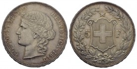 Schweiz / Switzerland / Suisse / Swizzera Eidgenossenschaft 5 Franken 1912, Bern. Divo 282, Hofer 23, D./T. 297, HMZ 1189, Dav. 392. 24.98 g.
Sehr se...