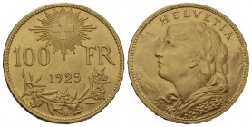 Schweiz / Switzerland / Suisse / Swizzera Eidgenossenschaft 100 Franken 1925 B, Bern. 32.26 g. Divo 359. HMZ 2-1193a. Fr. 502.
Prachtexemplar in fast...