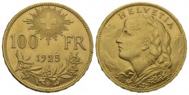 Schweiz / Switzerland / Suisse / Swizzera Eidgenossenschaft 100 Franken 1925 B, Bern. 32.26 g. Divo 359. HMZ 2-1193a. Fr. 502.
Prachtexemplar in fast ...