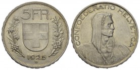 Schweiz / Switzerland / Suisse / Swizzera 5 Franken 1925 B, Bern. Divo 361, HMZ 2-1199e, Dav. 394. 24.99 g. Kl. Kr., ansonsten attraktives unzirkulier...