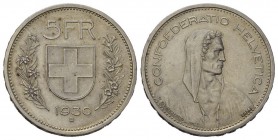 Schweiz / Switzerland / Suisse / Swizzera Proben 5 Franken 1930. Probe. Reduzierter Durchmesser 31 mm. Vorderseite rechts erhaben ESSAI. 14.84 g. Divo...