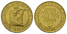 Schweiz / Switzerland / Suisse / Swizzera Luzern. Eidgenössisches Schützenfest in Luzern, 100 Franken 1939, Gold. 17,48 g. 
HMZ 2-1344b vorzüglich