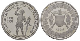 Schützentaler, Schützenmedaillen & Schützenvaria
Uri. 50 Franken 1990. Geprägt in Palladium. Altdorf. Wilhelm Tell Schiessen. Randschrift "GUT FÜR 50 ...
