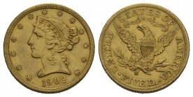 Vereinigte Staaten 5 Dollars 1902 S, San Francisco. Liberty. 7,52 g Feingold. 
Mit Motto: "IN GOD WE TRUST". Fb. 145. Vorzüglich