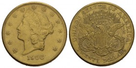 Vereinigte Staaten von Amerika Unabhängigkeit seit 1776. 20 Dollars 1906 S. KM 74.3. 30 g 
sehr schön bis vorzüglich