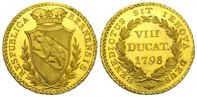 Schweiz / Switzerland / Suisse 8 Dukaten 1798.
Av. Gekröntes, spitzes Berner Wappen in einem kleinen Lorbeerkranz.
Rv. Wertangabe "VIII DUCAT." und ...