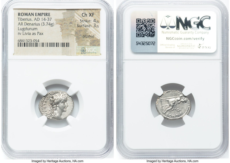 Tiberius (AD 14-37). AR denarius (18mm, 3.74 gm, 3h). NGC Choice XF 4/5 - 3/5, b...