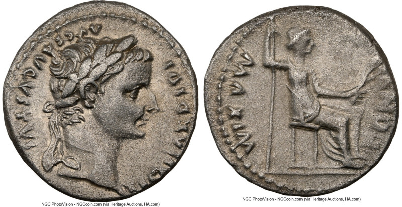 Tiberius (AD 14-37). AR denarius (18mm, 3.73 gm, 2h). NGC XF 4/5 - 2/5. Lugdunum...