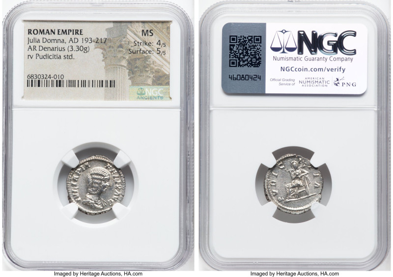 Julia Domna (AD 193-217). AR denarius (18mm, 3.30 gm, 11h). NGC MS 4/5 - 5/5. Ro...