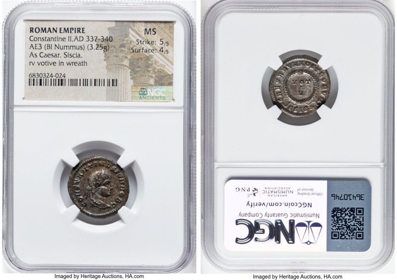 Constantine II (AD 337-340). AE3 or BI nummus (19mm, 3.25 gm, 6h). NGC MS 5/5 - ...